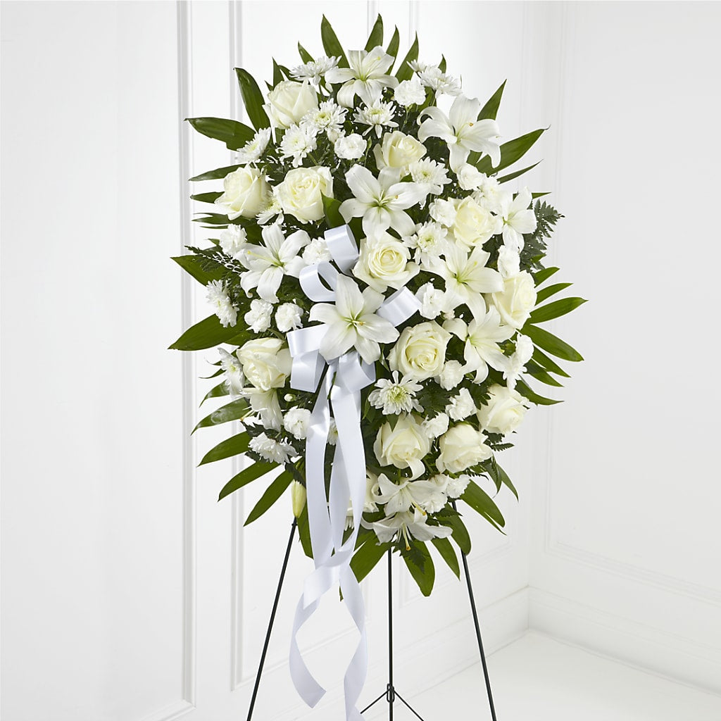 Exquisite Tribute Standing Spray-White Ribbon – Russ, Lincoln NE